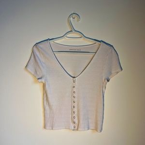 American Eagle White Knit V-Neck Snap Front Ribbed Top
